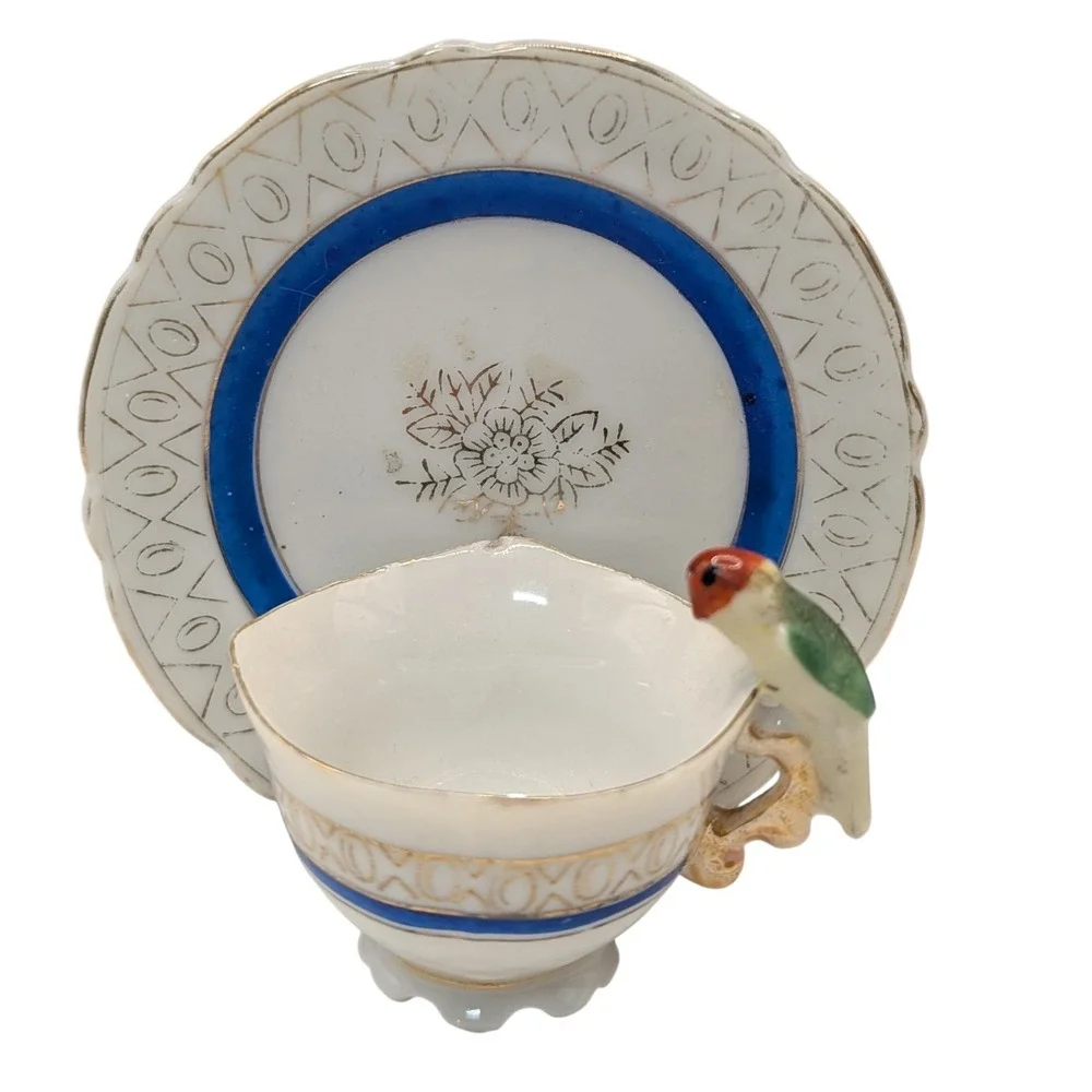 Vintage Demitasse Cup and Saucer Bird on Handle Mid Century Modern Japan SEE